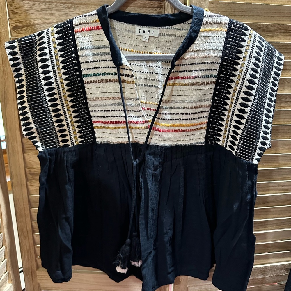 THML Black and White Boxy Embellished Blouse